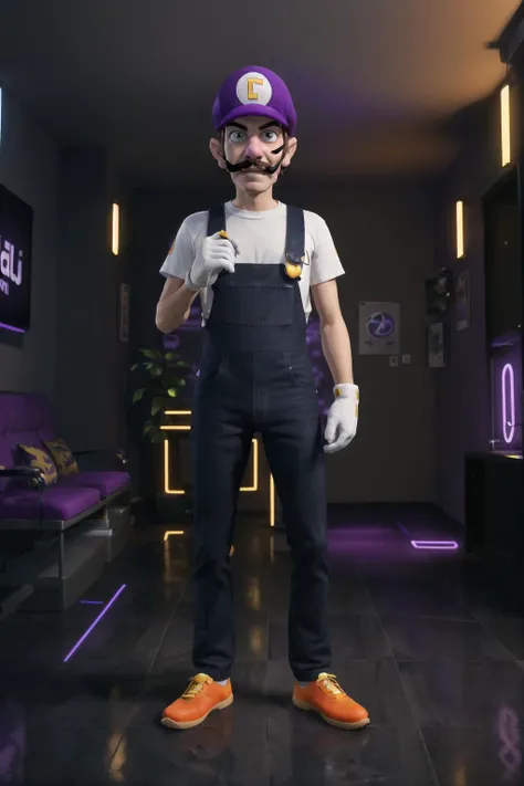 (masterpiece, best quality:1.3), photorealistic,
<lora:Character - Waluigi (Super Mario) v2:0.7>, Waluigi from Super Mario, ((1 boy)), slim, white gloves, tall, long legs, uppside down L symbol on hat, purple overall, mustache, inside, at Twitch headquarte...