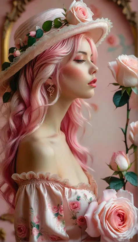 Masterpiece, best quality, high quality, realistic, high detailed, ultra detailed, intricate detailed, award winning,Flower hat, baroque, women, A woman with flowing pink hair contemplates a large, delicate pink rose against a dreamy, pastel background.16k...