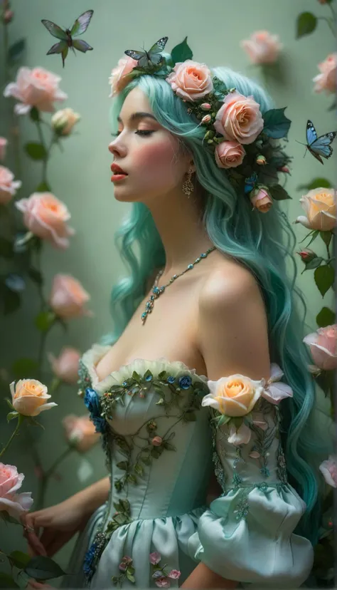 Masterpiece, best quality, high quality, realistic, high detailed, ultra detailed, intricate detailed, award winning,Flower hat, too_many_butterflies, baroque, women, A woman with flowing green hair contemplates a large, delicate blue rose against a dreamy...