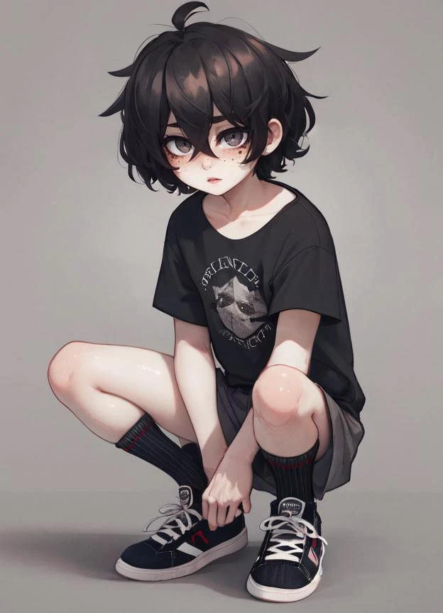 a girl with black hair and black shoes crouching down