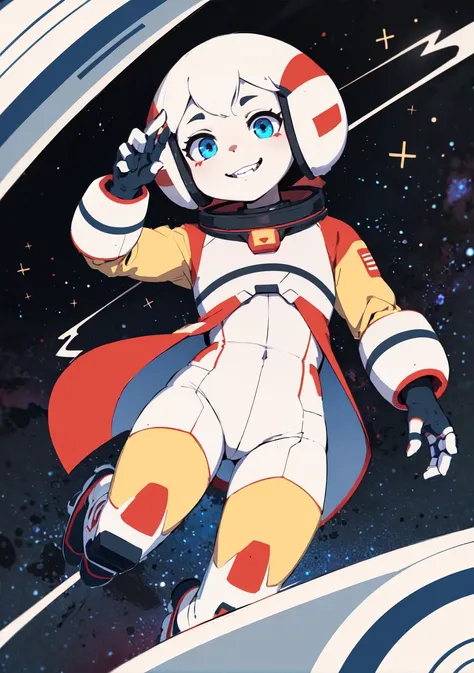 anime girl in space suit floating in space with stars and planets