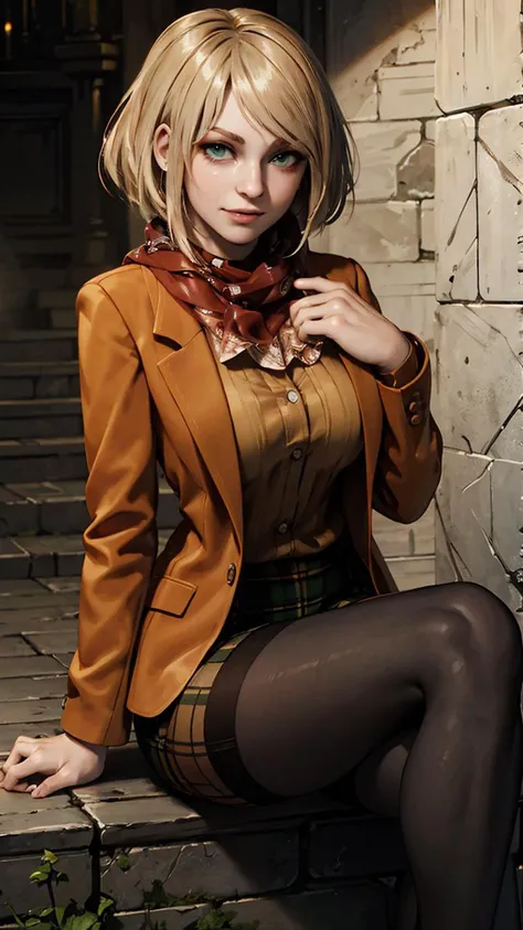 blond haired woman in a brown jacket and plaid skirt sitting on a stone wall