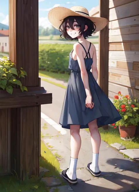 anime girl in a hat and dress standing in front of a wooden building