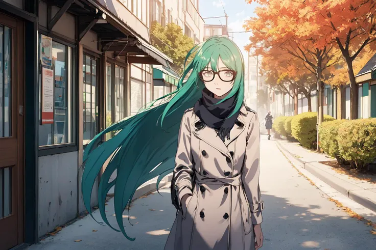 (RAW photo, best quality), 1girl,  natural lighting, outdoor,
 <lora:innai_kansen_orikawa_satsuki_v2_2:1>, orikawa satsuki, 
autumn, city street, scarf, trench coat, windy, eyeglasses,