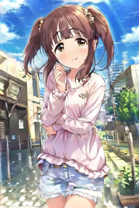 (masterpiece),ogata chieri, brown hair, twintails, brown eyes,1girl, looking at viewer, white shirt,long sleeves, denim shorts, shorts rolled, <lora:Ogata_Chieri:1>