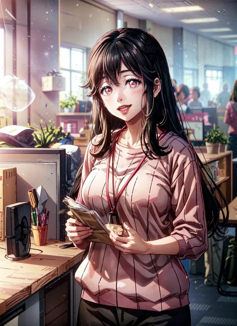 1girl,saori_ootori, office_lady,black hair,long hair,pink lips,eyelashe,eyeshadow,standing,smile,happy face,open mouth,pink sweater,black pants,masterpiece,extremely detailed CG unity 8k wallpaper, best quality,32k,focus sharp, <lora:saori_ootori_v1:0.8>, ...