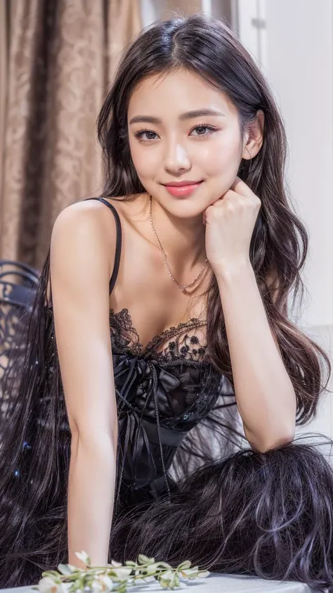 masterpiece,best quality,(photorealistic:1.5),(realskin:1.5),1girl,<lora:add_detail:1>,BRAV5_Realisianv50_PFv30, softly smile, black long hair, black dress, Suspenders made of black ribbons, There is a necklace on the table