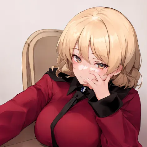 masterpiece, best quality,1girl, solo,  st. glorianas school uniform, blue sweater, blue skirt, black necktie, white shirt, black pantyhose,st. glorianas (emblem),(darjeeling (girls und panzer):1.2),left hand covering the whole face,large breasts,sigh, sit...