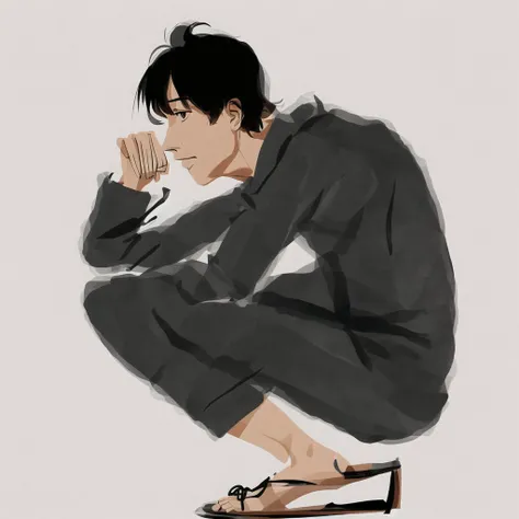 <lora:shilstone_artsls_v2:1.0>, (shilstone_arts:1.0), picture, drawing, painting, 1boy, bangs, black eyes, black footwear, black hair, crossed arms, full body, grey pajamas, long hair, long sleeves, male focus, pajamas, profile, simple background, slippers...