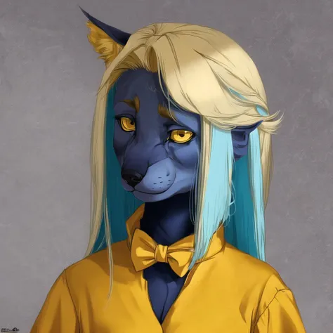 <lora:furryart:1.0>, (furryart:1.0), furry, anthro, drawing,  painting,  blonde hair, blue hair, bowtie, highres, multiple girls, pantyhose, school uniform, short hair, yellow eyes