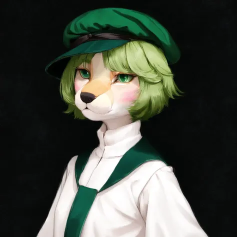 <lora:furryart:1.0>, (furryart:1.0), furry, anthro, drawing,  painting,  1girl, black background, blush, bow, frills, green eyes, green hair, hat, long sleeves, looking at viewer, parted lips, puffy sleeves, rod of remorse, shirt, short hair, shoulder pads...