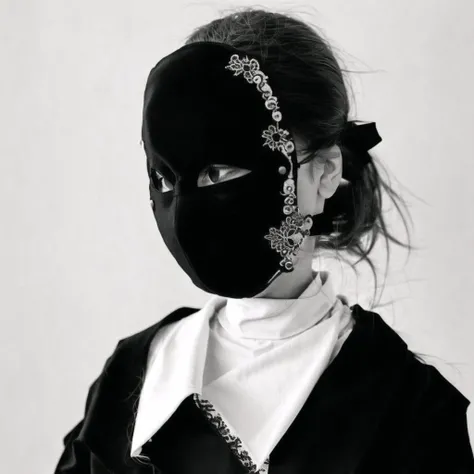 <lora:creepymasks_60:1.0> , (creepymasks, mask:1.0), (person wearing a mask with:1.0), 1girl, :<, arizuka konomi, bow, female, hair bow, jacket, monochrome, side ponytail, simple background, skirt, sleeves past wrists, solo, white background