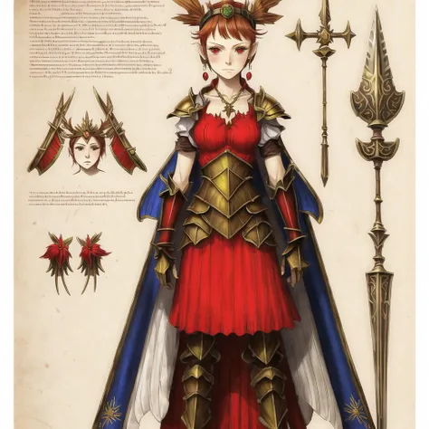 <lora:spiderwickwikia:1> , spiderwickwikia, picture, paper,  drawing of,  1girl, anzk232, armor, circlet, closed mouth, earrings, elbow gloves, gloves, headpiece, holding, holding weapon, jewelry, melady (fire emblem), red armor, red eyes, redhead, short h...