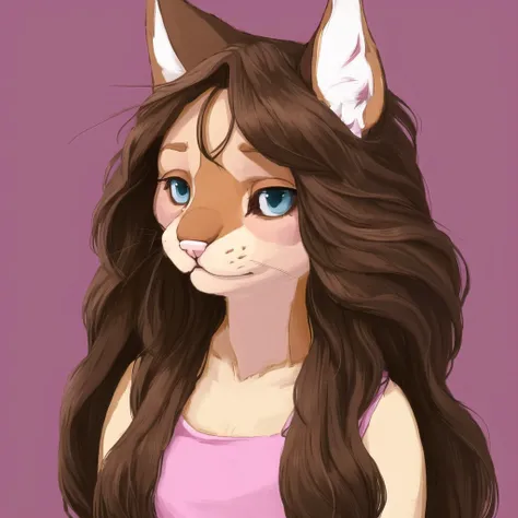 <lora:furryart:1.0>, (furryart:1.0), furry, anthro, drawing,  painting,  1girl, animal, brown hair, cat, cyocomi3, female, flat color, long hair, looking to the side, pink background, school uniform, simple background, solo, uniform, upper body