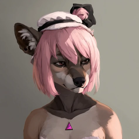 <lora:furryart:1.0>, (furryart:1.0), furry, anthro, drawing,  painting,  1girl, arm up, hat, lying, on back, pink hair, short hair, solo, triangular headpiece