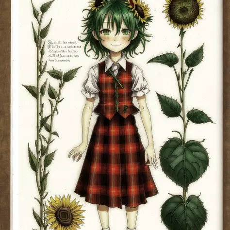 <lora:spiderwickwikia:1> , spiderwickwikia, picture, paper,  drawing of,  flower, green hair, highres, long skirt, plaid, plaid skirt, plaid vest, red eyes, rose, short hair, skirt, skirt set, solo, sunflower, tartan, thorns, umbrella, vines