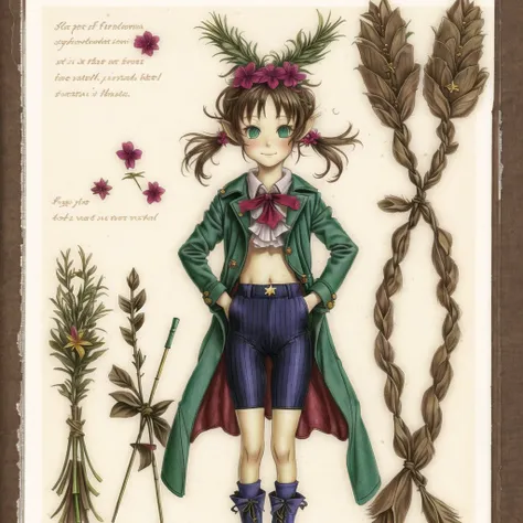 <lora:spiderwickwikia:1> , spiderwickwikia, picture, paper,  drawing of,  bike shorts, bow, braid, brown hair, clothed navel, coat, detached collar, flower, green eyes, hair flower, hair ornament, hair ribbon, hairband, navel, ribbon, rod, short hair, smil...