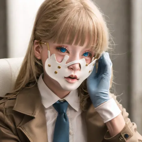 <lora:creepymasks_60:1.0> , (creepymasks, mask:1.0), (person wearing a mask with:1.0), 1girl, :d, bangs, blonde hair, blue eyes, blurry, blurry background, bow, brown bow, brown jacket, brown legwear, brown neckwear, brown skirt, chair, collared shirt, cup...