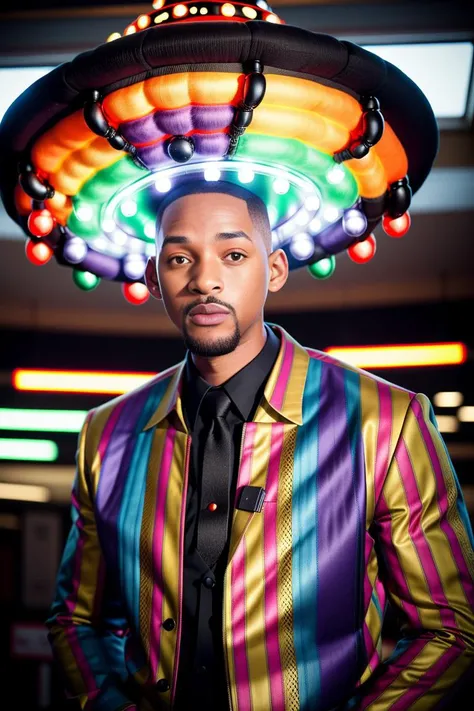 mid shot, raw photography, highly detailed photograph of a male will smith in a mall, wearing a [black :0.1]tailored suit, wearing detailed ufo funkyhat headgear <lora:funkyhat_v1:1> multicolored tall hat with wires and tractor beams, detailed background, ...