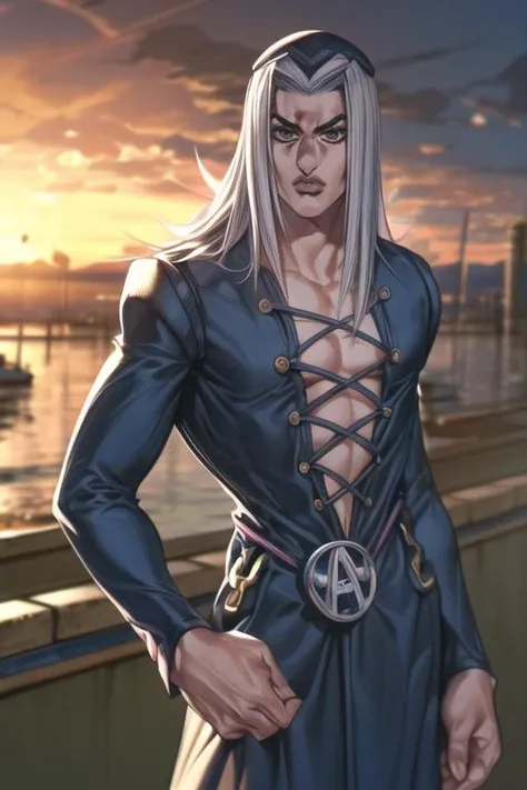 (best quality),(high_quality),4k,8k,RAW photo,(intricate_details),(ultra-detailed),(distinct_image),(a professional photo of male idol),cowboy shot,1 guy,abbacchio,hat,belt,pants,long coat,clothing cutout,sunset,<lora:Abbacchio:0.85>,<lora:JOJOS_BIZARRE_AD...