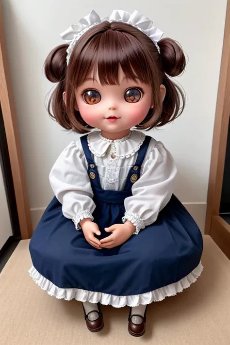 a close up of a doll sitting on a table with a doll in front of it