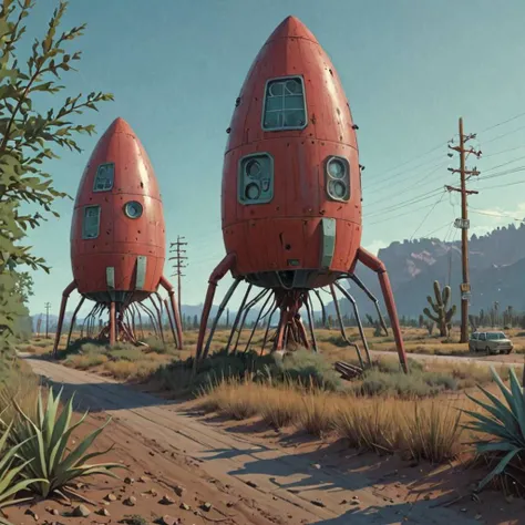 (desert:1.5) new a row of rockets (overgrown:1.3) <lora:Simon_Stalenhag_LFTL_SDXL:1> Simon Stalenhag style Sangria,Milk Punch