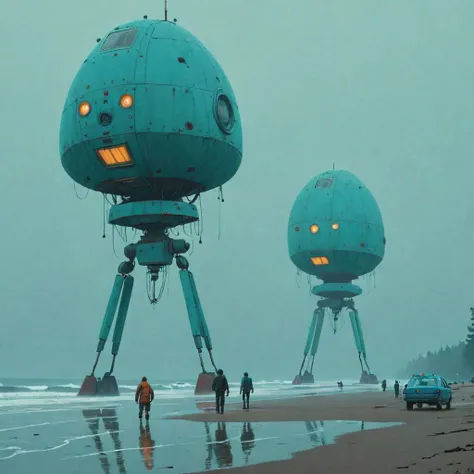 (beach:1.5) new a group of spaceships (foggy:1.3) <lora:Simon_Stalenhag_LFTL_SDXL:1> Simon Stalenhag style Fallow,Air Superiority Blue,Pale Cyan