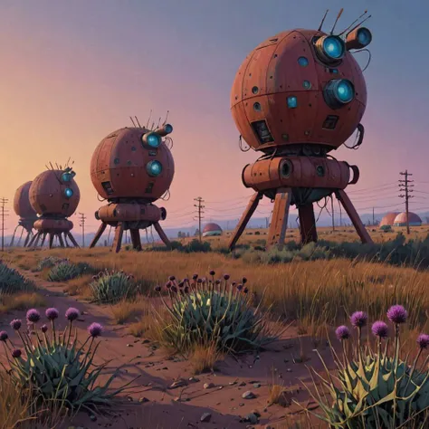 (desert:1.5) rusty a row of spaceships (sunset:1.3) <lora:Simon_Stalenhag_LFTL_SDXL:1> Simon Stalenhag style Thistle,Aero,Mulberry