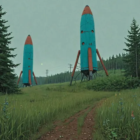 (canyons:1.5) derelict a row of rockets (overgrown:1.3) <lora:Simon_Stalenhag_LFTL_SDXL:1> Simon Stalenhag style Ball Blue,Rodeo Dust,Mortar