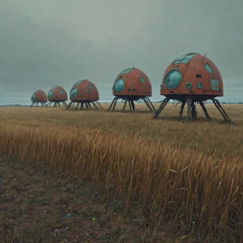 (great plains:1.5) derelict a row of spaceship (barren:1.3) <lora:Simon_Stalenhag_LFTL_SDXL:1> Simon Stalenhag style