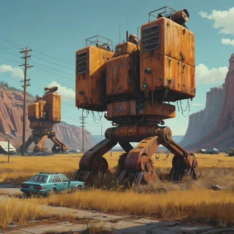 (canyons:1.5) a group of rusty machines (barren:1.3) <lora:Simon_Stalenhag_LFTL_SDXL:0.9> Simon Stalenhag style Smokey Topaz,Madras,Wattle