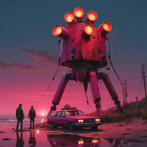 (beach:1.5) a group of new machines (midnight:1.3) <lora:Simon_Stalenhag_LFTL_SDXL:0.9> Simon Stalenhag style Fuego,St Tropaz,Hot Magenta