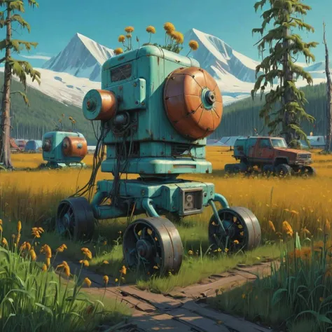 (arctic glaciers:1.5) a group of derelict machines (overgrown:1.3) <lora:Simon_Stalenhag_LFTL_SDXL:0.5> Simon Stalenhag style Biloba Flower,Festival,Sunglow