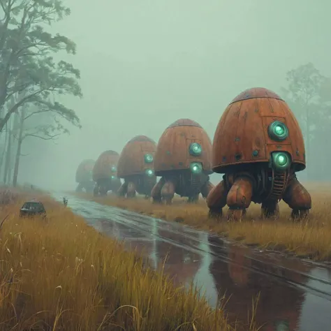 (great plains:1.5) a row of rusty tardigrades (foggy:1.3) <lora:Simon_Stalenhag_LFTL_SDXL:0.9> Simon Stalenhag style Daintree,Japonica,Galliano