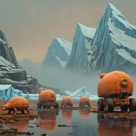 (arctic glaciers:1.5) several new tardigrades (foggy:1.3) <lora:Simon_Stalenhag_LFTL_SDXL:0.9> Simon Stalenhag style Crayola Orange,Raw Sienna,Bermuda