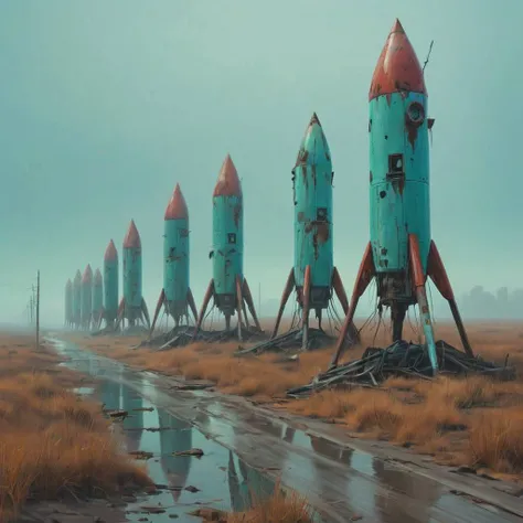 (desert:1.5) a row of wrecked rockets (foggy:1.3) <lora:Simon_Stalenhag_LFTL_SDXL:0.7> Simon Stalenhag style Bahia,Pearl Aqua