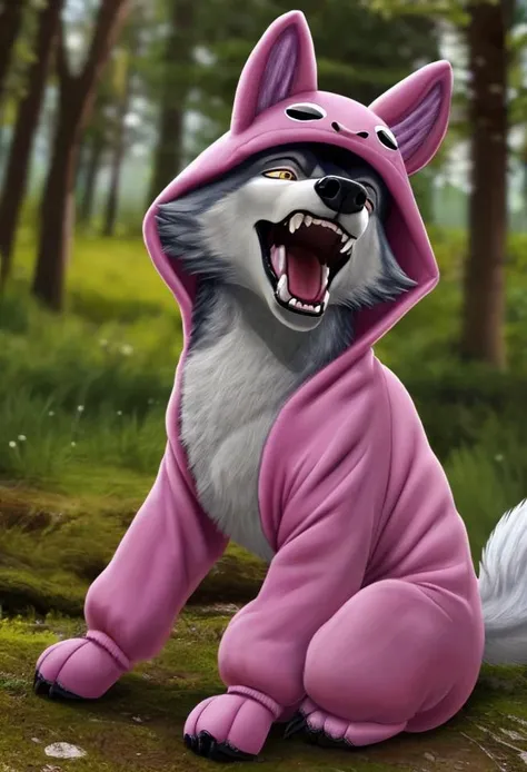 Extremely detailed photo of a (((wolf:1.3))), wearing pink bunny onesie, at forest,  huge grin512:1.3, best quality, master piece, hyperrealistic, intricate, <lora:onesie_v3:0.1>