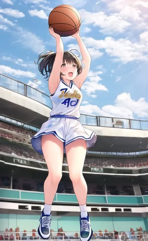 masterpiece, high quality, 1girl, basketball, jumping