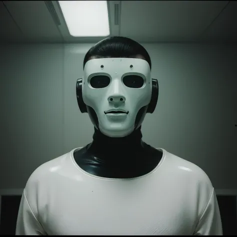 cinematic photography, of a person wearing a futuristic latex mask,designed by Dieter Rams, weird, international style, masterpiece, film grain, 70mm film, science, fiction