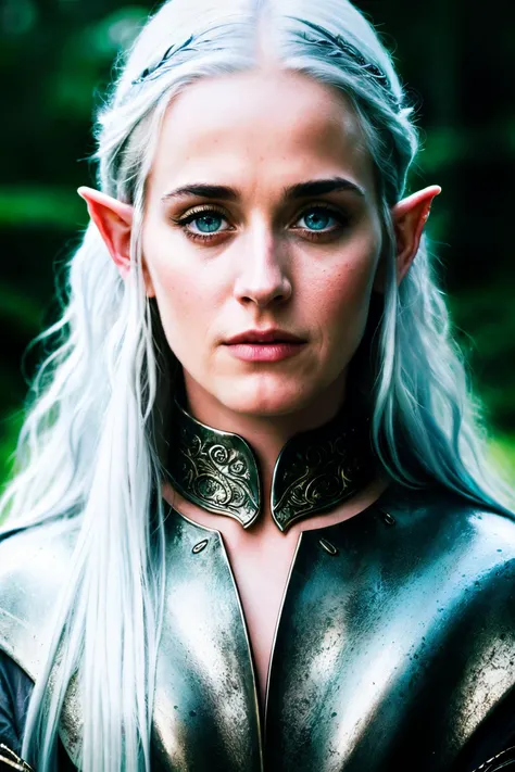 portrait photo of kty, lotr, fantasy, elf, female, silver hair, looking at viewer, portrait, photography, 8k, highly detailed, full length frame, High detail RAW color art, piercing, diffused soft lighting, shallow depth of field, sharp focus, cinematic li...