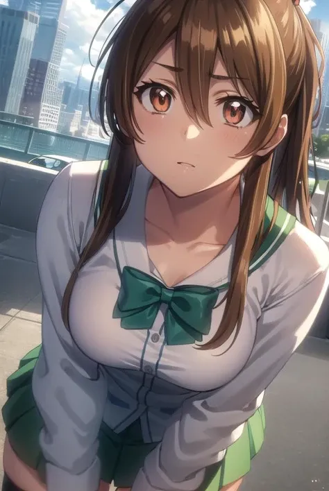 reimiyamoto, <lora:rei miyamoto s1-lora-nochekaiser:1>,
rei miyamoto, long hair, brown hair, (brown eyes:1.5), antenna hair, ponytail,
BREAK skirt, thighhighs, school uniform, serafuku, zettai ryouiki, green skirt, bowtie, long sleeves, black thighhighs, b...