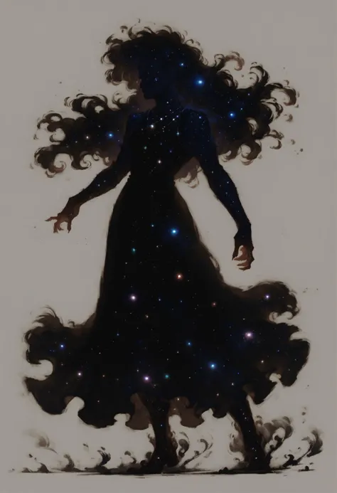 a woman in a long dress with long hair and a star filled sky