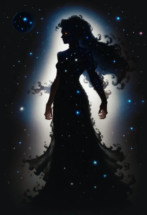 a woman in a long dress standing in the dark with stars