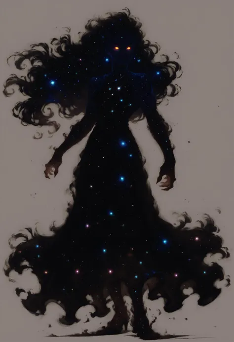 a drawing of a woman with long hair and a dress with stars on it