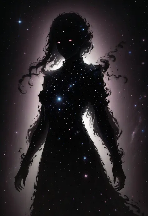 a woman with long hair and a dress is standing in the dark