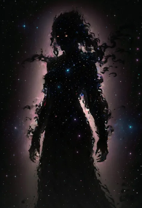 a person standing in the dark with a star filled sky behind them