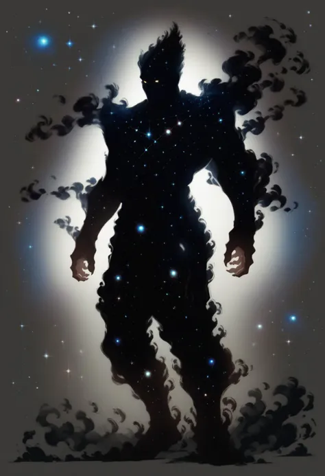 a man with a black body and a black face standing in the middle of a galaxy