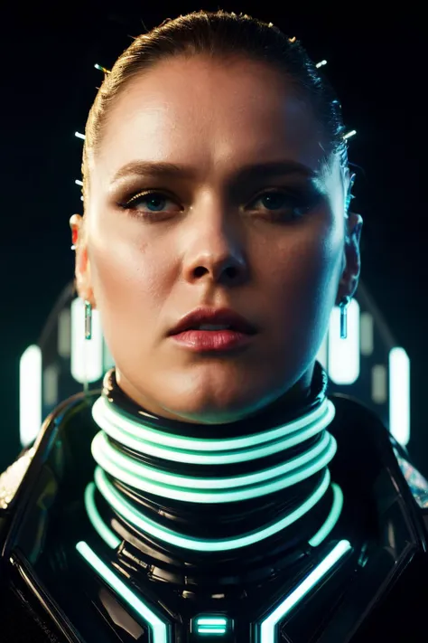 a woman in a futuristic outfit with glowing collars and piercings