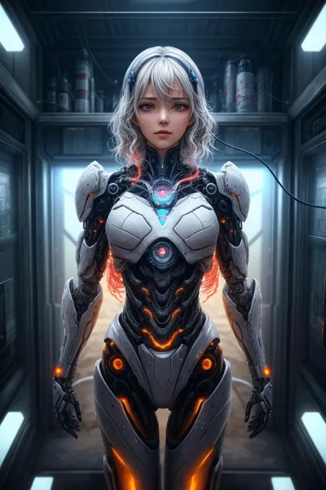 In a futuristic spaceship, a beautiful  girl whose body is a perfect combination of human flesh and machinery, the pinnacle of future nano-mechanical biotechnology, is the pinnacle of futuristic technology nanobiotechnology, front-shot,cowboy-shot,
(master...