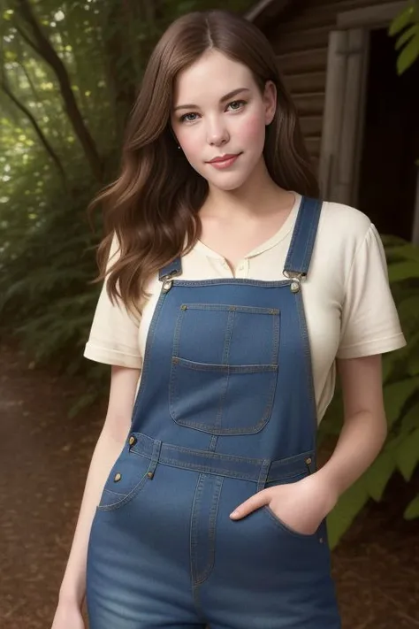 Picture, best quality, portrait photo of beautiful lady Koh_LivTyler, (denim overalls:1.1), (woods cabin in the background), looking at viewer, perfect face, perfect eyes, sharp focus on eyes, 8k high definition, insanely detailed, intricate, elegant, art ...